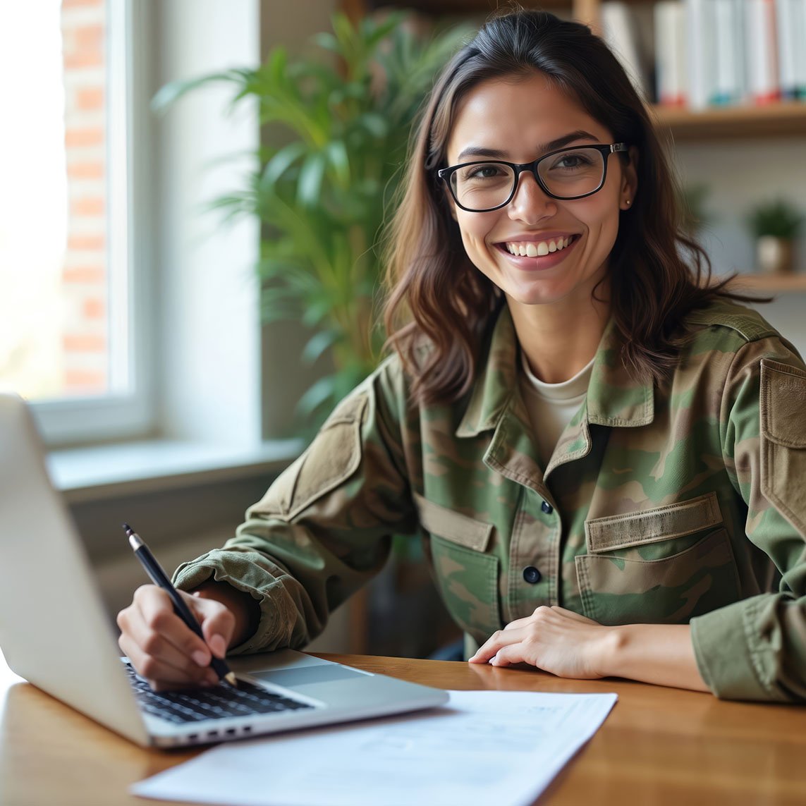 female veteran working on laptop